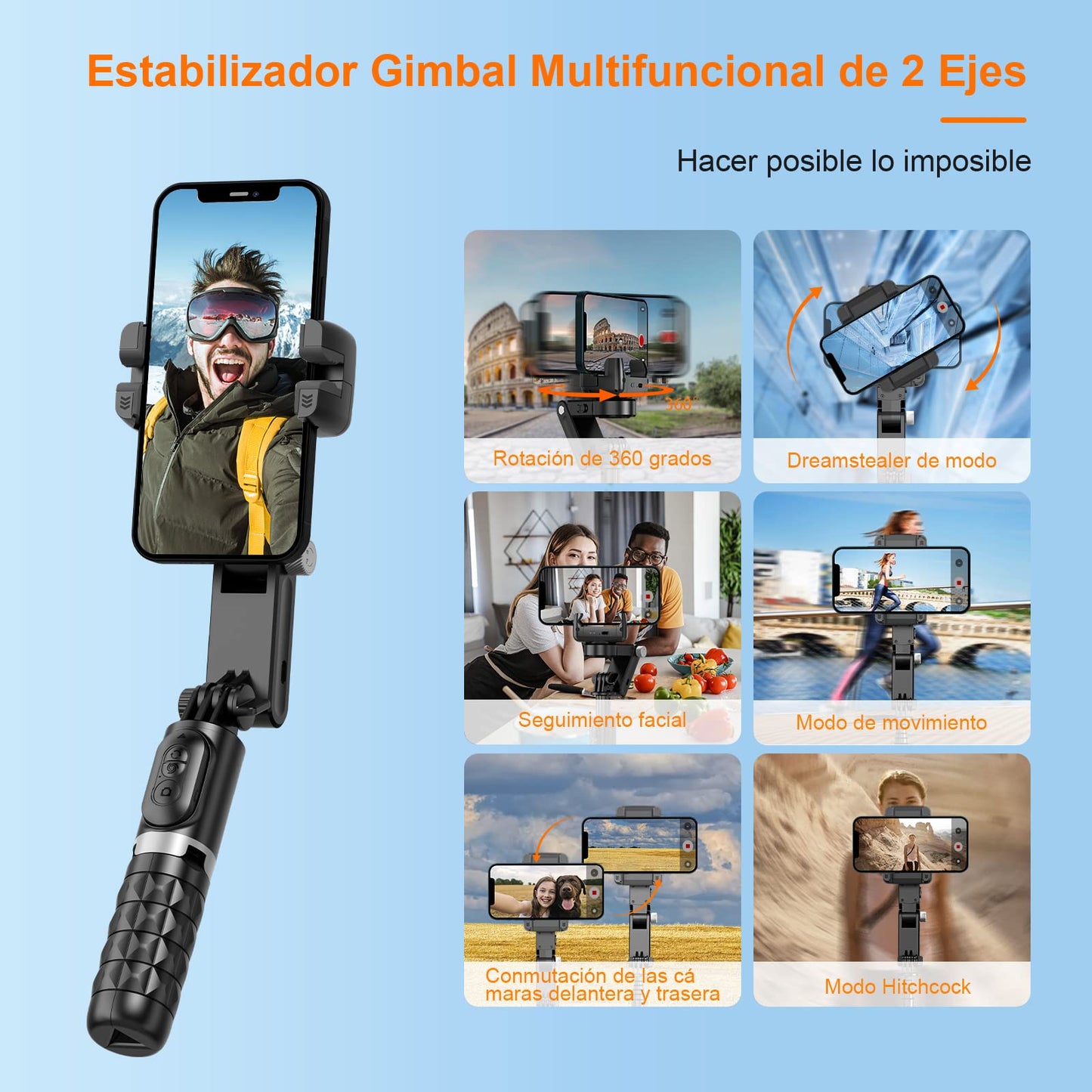 Gimbal Estabilizador Multifuncional Q18 con Luz Rotación 360°